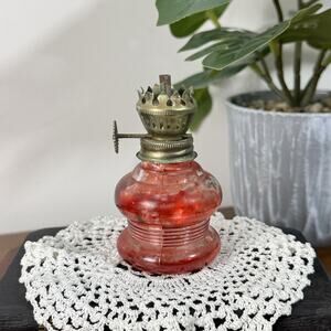 Vintage Miniature Red Glass Oil Lamp Kerosene Lantern Brass Burner Wick Adjuster